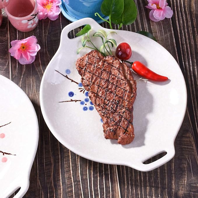Japanese Hand-painted Ceramic Dinner Plates, Ceramic Dinner Plate Set of 2, Household Tableware(Red and blue)