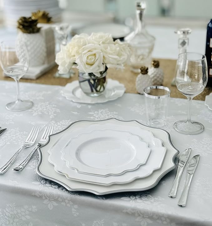 " OCCASIONS " 50 Plates Pack (25 Guests)-Heavyweight Wedding Party Disposable Plastic Plate Set -(25x10.5'' Dinner + 25x8'' Salad/Dessert) (Imperial in White & Silver Rim)