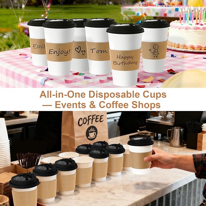 16 oz 300 Pack Coffee Cups with Lids and Sleeves, Straws, Hot Disposable To Go Travel Paper Cups Bulk for Office, Home Coffee Bar Accessories, Chocolate, Cocoa, Beverage (White)