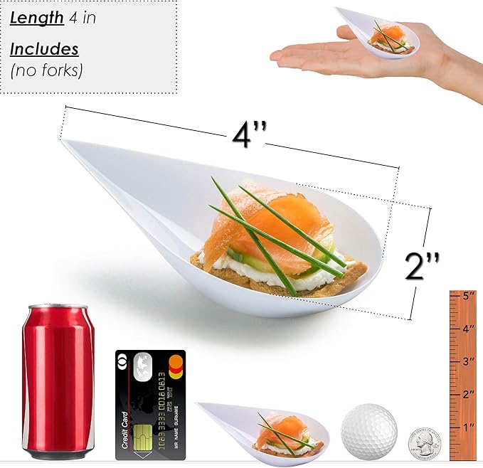 DLux 100 4-in Tear Drop Mini Appetizer Plates, Reusable White Plastic Spoons - Desserts and Appetizers Dishes Serving Plate - Asian Spoon Set, Small Catering Dessert Tasting Cups - with Recipe Ebook