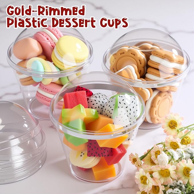 Jinei 50 Sets 9 oz Silver Plastic Dessert Cups with Dome Lids Spoons Rimmed Clear Disposable Plastic Fruit Cups with Lids for Yogurt Parfait Pudding Cupcake Ice Cream Party Wedding Reception