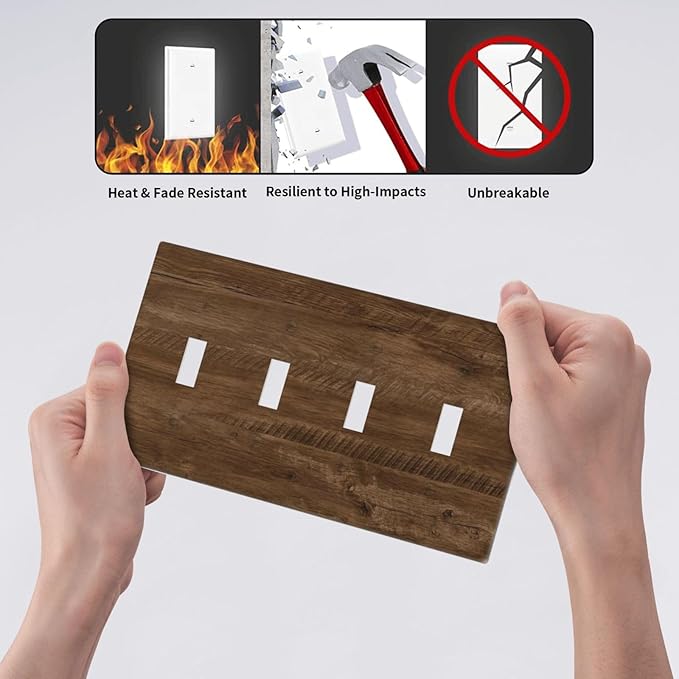 Light Switch Cover Brown Rustic Wood Grain Farmhouse 4 Gang Switch Plate Quad Toggle Wall Plates Decorative Switchplate Electrical Outlet Cover for Cabin Bedroom Decor