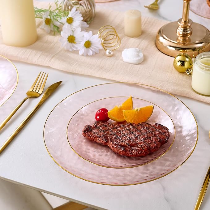 FOCUSLINE 60Pcs Clear Plastic Plates, Pink Disposable Plates with Gold Rim, 30 7" Salad Dessert Plate and 30 10" Dinner Plate Heavy-duty Hammered Plates for Party, Wedding