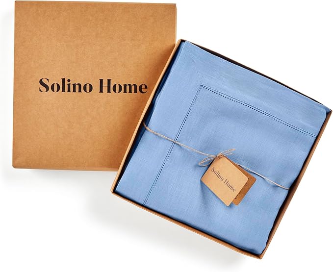 Solino Home Cornflower Blue Linen Tablecloth 60 x 90 Inch - 100% Pure Linen Hemstitch Table Cloth for Rectangle Tables - Classic Hemstitch, Machine Washable Tablecloth for Spring, Easter