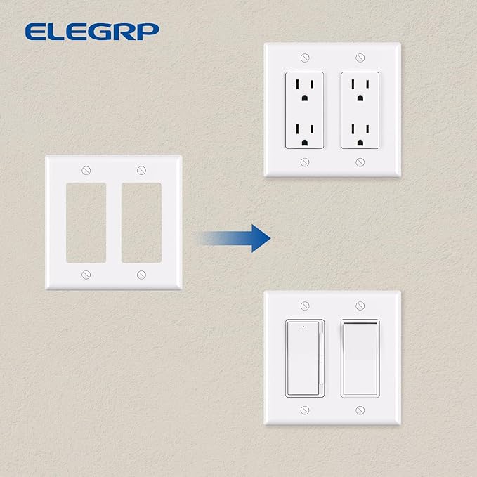 ELEGRP 2-Gang Decorative Wall Plates 2 Pack, Standard Size 4.53" H x 4.57" L Unbreakable Thermoplastic Faceplate Cover for Decorator Receptacle Outlet Switch, UL Listed (Glossy White)