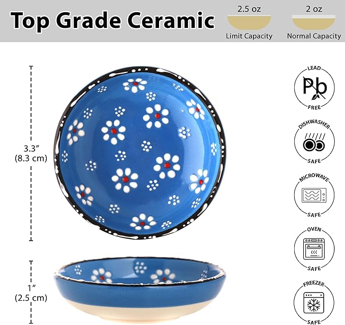 Ceramic Small Dipping Bowls Set of 6, 2.5 Oz Soy Sauce Dish, Handmade Charcuterie, Colorful Pinch, Dishwasher & Microwave Safe Sauce, Mini Bowls