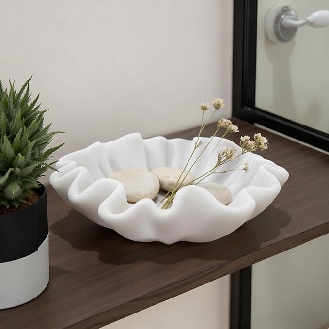 12" Large Handmade Decorative Bowl decor , Handicraft Scalloped Bowls for Modern Home Decor,Ruffle Decor,Key Bowl for Entry Table,Decorative Fruit Bowl for Kitchen Counter,Artificial Stone Milky White