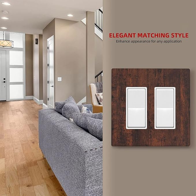 Outlet Covers Brown Red Rustic Wood Grain Retro Farmhouse 2 Gang Light Switch Cover Double Rocker Wall Plate Decorative GFCI Receptacle Electrical Switchplate for Farmhouse Cabin Decor（2 Pack）