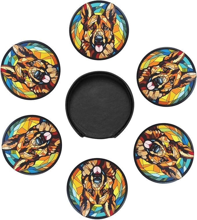 Drink Coaster Set of 6, German Shepherd Dog Mom Lover Gift,Leather Drink Coasters with Holder,6 Pack Cup/Bar/Drink Coasters for Table/Drinks/Coffee Protection Housewarming Gift