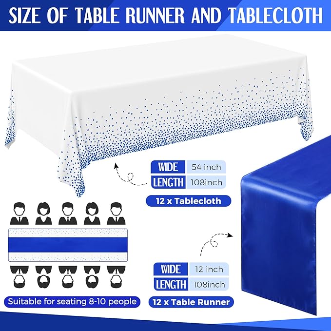 Breling 24 Pack Royal Blue Disposable Plastic Tablecloths and Satin Table Runner Set, 54 x 108 Inch Tablecloth, 12 x 108 Inch Table Runners for Wedding Graduation Birthday Baby Shower