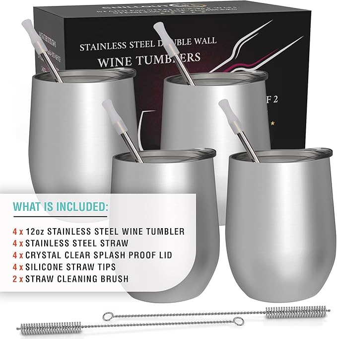 CHILLOUT LIFE 12 oz Stainless Steel Wine Tumblers 4 Pack - Double Wall Vacuum Insulated Wine Glasses Cups with Lids and Straws Set Keeping Cold & Hot for Coffee, Beer, Ice Cream - Dishwasher Safe