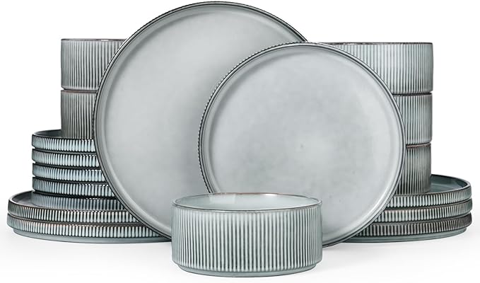 famiware Star Plates and Bowls Sets, Modern Stoneware Dinnerware Sets for 6, 18-Piece Kitchen Dish Set - Chip and Scratch Resistant, Microwave and Dishwasher Safe Tableware, Smoky Blue