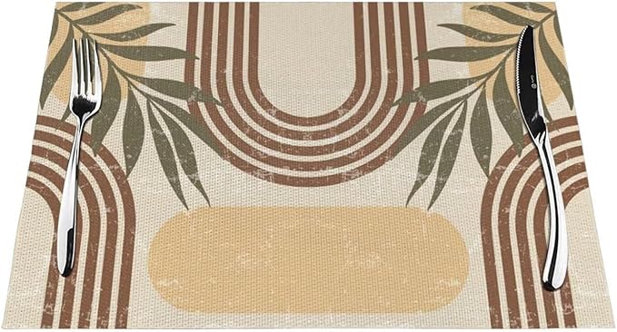 Mid Century Boho Arch Placemats Abstract Geometric Modern Aesthetic Rainbow Leaves Sun Washable Place Mats 12x18Inch for Dining Kitchen Farmhouse Decor 4 PCS