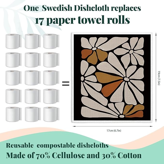 Swedish Dishcloths for Kitchen, Boho Floral Botanical Swedish DishCloths, Papaya Reusable Paper Towels Washable, 4 Pcs Dish Towels for Kitchen Party Home Housewarming Cleaning Cloths