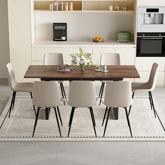 Extendable Dining Table Set for 8, 55"–71" Modern Wood Kitchen Table with 8 Upholstered Chairs, Space-Saving for Living Room Apartment, Sturdy & Comfortable, Easy Assembly