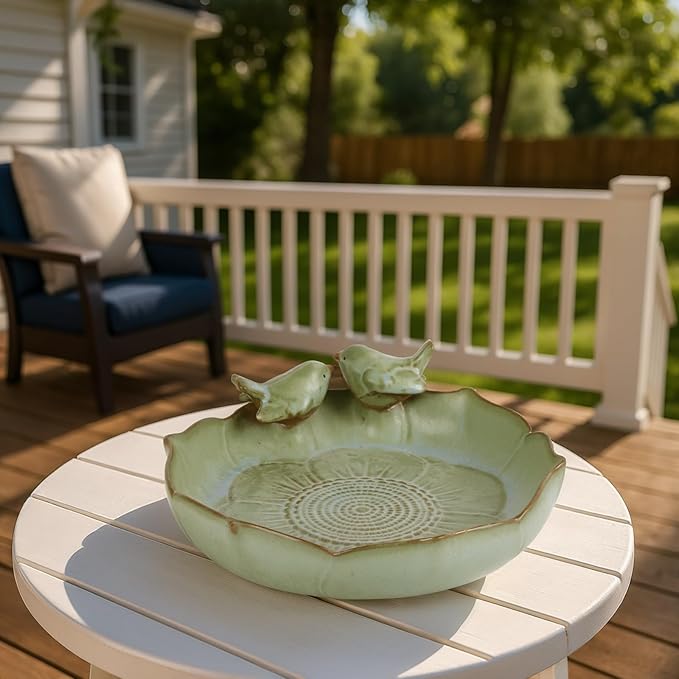 Ceramic Bird Bath Bowl with Perched Birds - Premium Outdoor Tabletop Birdbath Basin in Weather-Resistant Glaze - Usable on Ground, Deck or Tabletop
