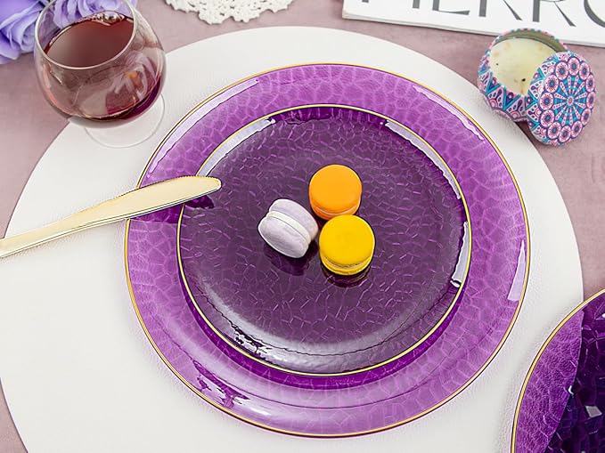 Hioasis 60pcs Purple Plastic Plates - Gold Rimmed Disposable, Hammered, Heavy-duty Dinnerware Set Suitable for 30 Guests, 10.25" Dinner & 7.5" Dessert Plates for Party & Wedding