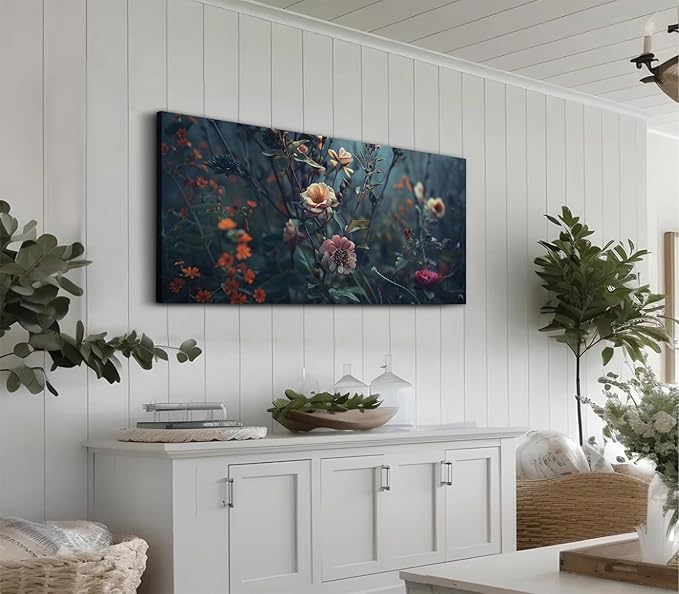 ADJUVANT Wall Art Impressionist Floral 40"L x 20"W, Dark Toned Blossoms With Lush Foliage Canvas Painting Enchanting Flowers Artwork Prints Floral Wall Decor for Living Room Bedroom Study Home Office