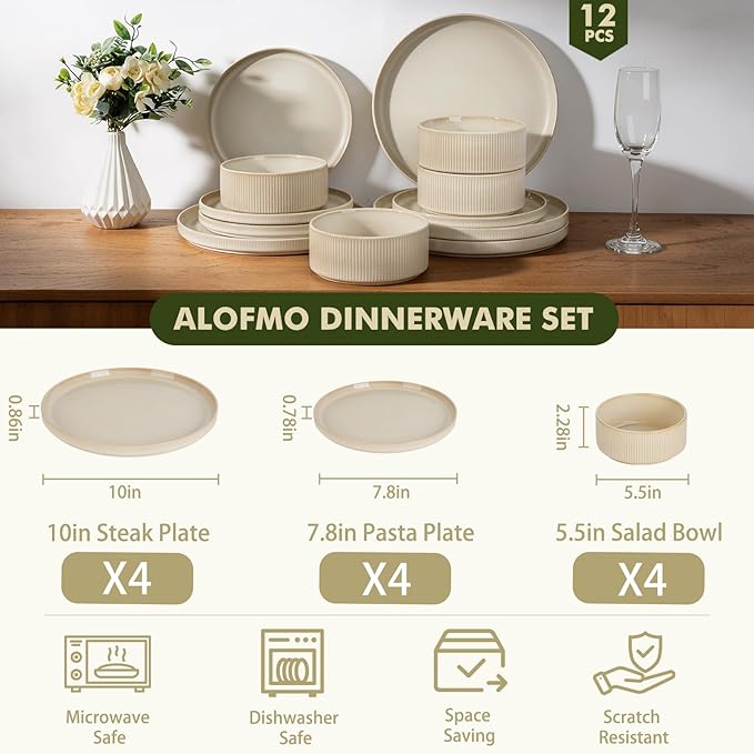 Stoneware Dinnerware Sets, Plates and Bowls Set for 4, 12-Piece Ribbed Dishes – Chip & Scratch Resistant, Microwave and Dishwasher Safe Tableware, Warm Off-White