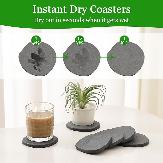 Diatomaceous Earth Coasters Set of 4 for Drinks, Moisture Water Absorbent Stone Coasters for Table Desk at Work, Water Absorbing Instant Drying Diatomite, Modern Deep Grey