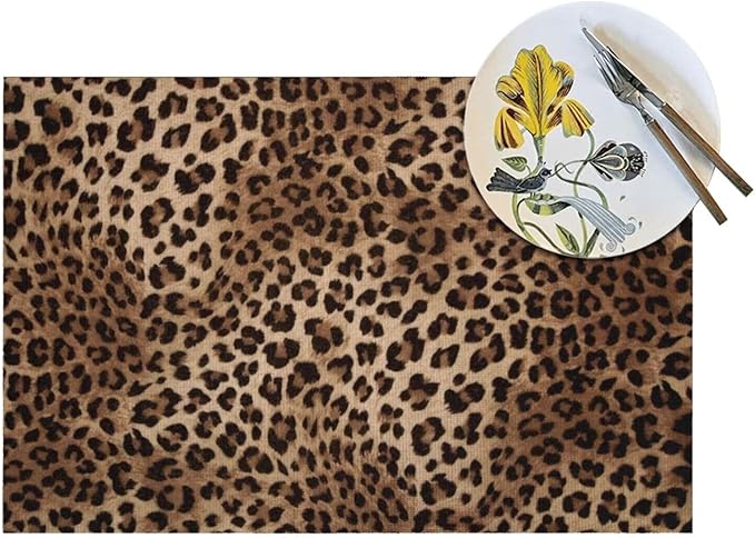Brown Leopard Placemats Set of 4 Black Cheetah Skin Wild Animal Print Wipeable Table Mats Reusable Washable PVC Rectangle Place Mats for Kitchen Dining Home Decor 12x18 Inches