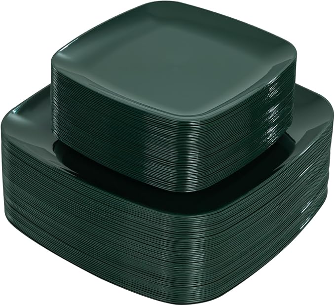 PULOTE 100PCS Green Plastic Plates - Green Square Disposable With Gold Rim - Include 50 Dinner 10inch, 50 Dessert 7.25inch Plates for Party&Christmas