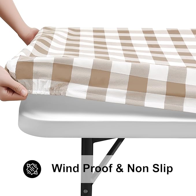 Smiry Rectangle Picnic Table Cloth, Elastic Waterproof Fitted Vinyl Tablecloths, Flannel Backed Buffalo Plaid Table Covers for Dining, Camping, Outdoor (White and Khaki, 30" x 48")