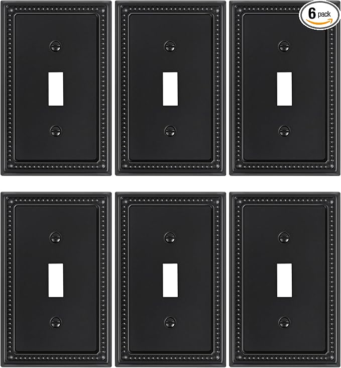 6-Pack Single Toggle Light Switch Cover Plate, Pearls Decorative Switch Plate Covers, Black 1 Gang Metal Wall Plate, Corrosion Resistant
