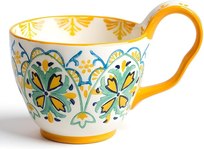 25oz Ceramic Soup Bowl with Handle – Handcrafted Floral Pottery Cereal & Ramen Bowl – Large Microwave & Dishwasher Safe Decorative Bowl for Everyday Use or Gift (Amalfi Bloom, 20oz)
