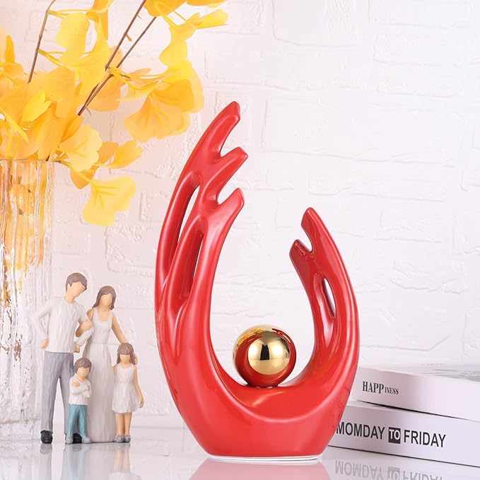 LCCCK 12" H Red Gold Aesthetic Room Decor Accent, TV Stand Funky Table Centerpiece, Abstract Art Ceramic Statue and Sculpture, Red Decor for Living Room, Bookshelf Decorative Objects, Shelf Decor