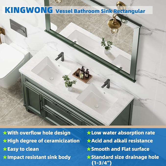 20 Inch Rectangle Undermount Bathroom Sink 19.5" X 15.9" Under Counter Vanity Sink Opening Size 17.5" x 13.78" White Porcelain Basin Sink Lavamanos Para Baños KINGWONG