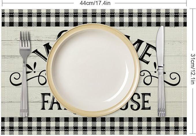 Vintage Farmhouse Placemat Set, Rustic Minimal Black White Check Inspirational Quotes Sketch Sunflower Pattern Home Decoration Linen Table Mats for Dining Room Kitchen Party (17x12in) x6P
