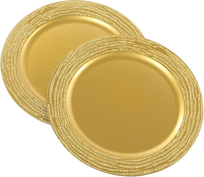 100 PCS Antique Charger Plates Bulk, 13 Inch Round Textured Edge Plastic Dinner Chargers, Bulk Plastic Charger Plates Set for Wedding, Party, Table Decor (Gold)