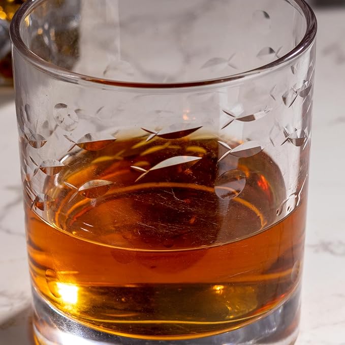 SHOSHIN Premium Hand Cut Whiskey Glasses (13 OZ, Set of 4) - Handmade Double Old Fashioned Scotch Glasses - Gift for Bourbon Lovers - Style Glassware for Rum - Fish Pattern set of 4