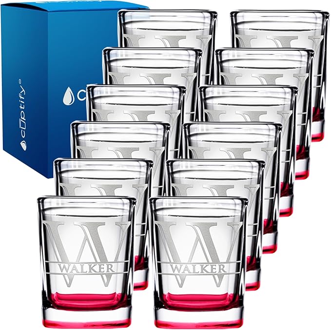 Personalized Square Shot Glasses Set of 12 Red Bottom 2oz Engraved Initial and Name Custom Gifts, Weddings, Birthdays, Party, Event, Decorations