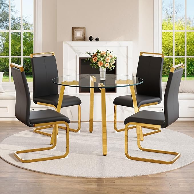 42" Round Glass Dining Table Set for 4,Modern Breakfast Table Set for 4 with Luxury Gold Chrome Legs,Space Saving Kitchen Table and Black Chairs for Apartment,Easy Assembly