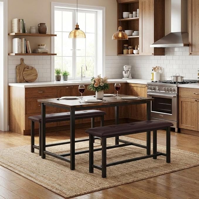 Garvee Dining Table with 2 Benches, Kitchen Table with 2 Upholstered Benches, 3 Piece Dining Table Set Space Saving for Apartment, Kitchen, 44.48" l x 27.58" w x 29.58" h, Rustic Brown