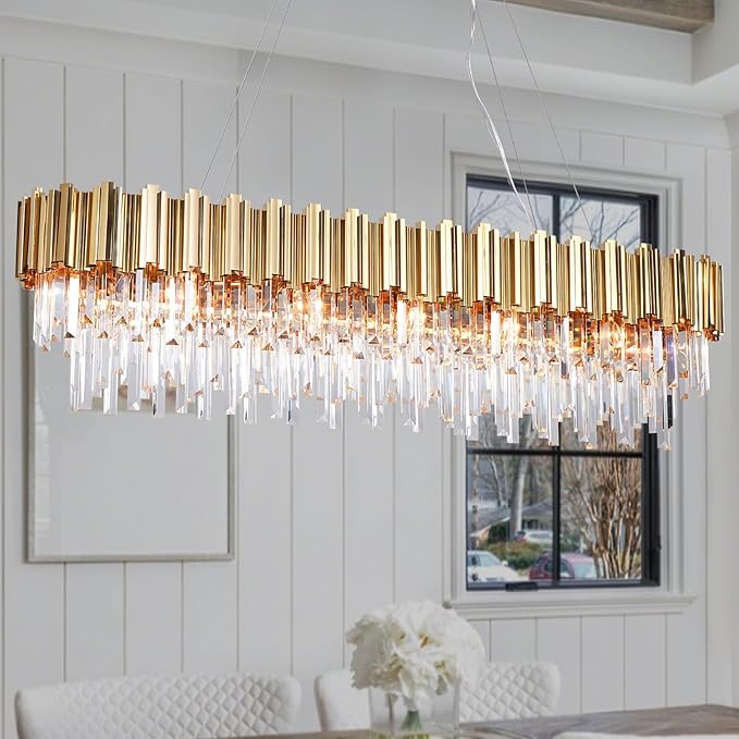 L51.2 Gold Rectangle Crystal Chandelier for Dining Room Modern Luxury Linear Light Fixture for Kitchen Island Contemporary Pendant Ceiling Light Oval Raindrop Chandelier Lighting 19-Light