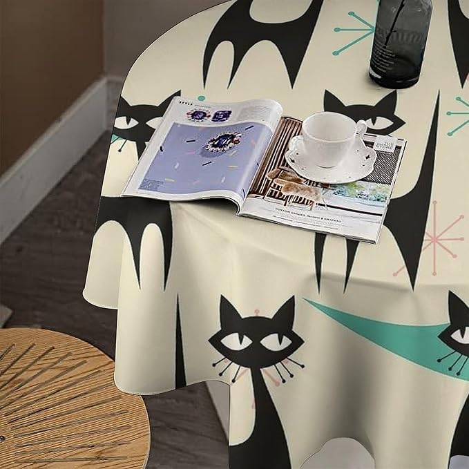 Mid Century Colorful Modern Cat Round Tablecloth, Medieval Bohemian Abstract Animal Tablecloth for Home Party Dining Room Kitchen Decor 36Inch(90cm)