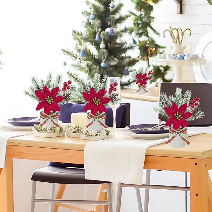 4 Pack Poinsettias Artificial Christmas Flowers, Tabletop Small Christmas Potted Flowers with Berries Pinecones Mini Christmas Tree for Table Centerpiece Home Office Garden Party Decor