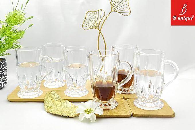 B Unique Clear Drinking Glasses Set of 6 | 285 mL Premium Glass Cups for Water, Juice, Tea & Cold Drinks | Durable, Modern Design, Dishwasher-Safe Drinkware Set