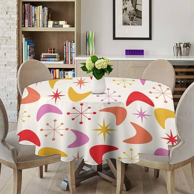 Mid Century Modern Round Tablecloth, Vintage Abstract Colorful Geometrics Modern Art Tablecloth for Home Party Dining Room Kitchen Decor 70Inch(178cm)