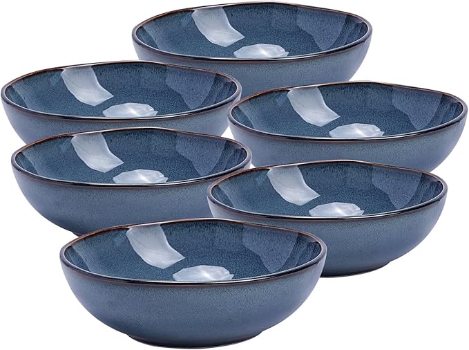 Organic Shape Highland Ceramic Soup/pasta Bowl, 6pcs Reactive Glaze 8inch Bowls with Wavy Edge, for Kitchen, Microwave & Dishwasher Safe, Scratch Resistant-Blue