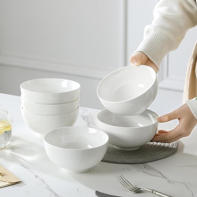 MALACASA 26 oz Porcelain Soup Bowls, White Ceramic Cereal Bowls for Kitchen 6 inch Bowls Set of 6 for Oatmeal Salad Fruit Rice Dishwasher and Microwave Safe, Series Regular