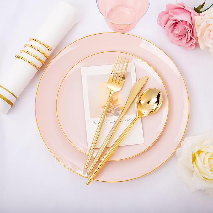 MirthMood 210PCS Pink Plastic Plates with Gold Rim – Plastic Plates Set Includes 30 Dinner,30 Dessert Plate,30 Cup&30 Napkins 90 Gold Silverware for Wedding&Birthday Parties&Valentine's Day