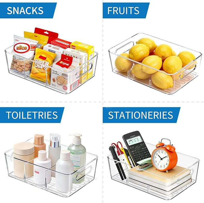 10 Pack Pantry Organizers and Storage,Clear Plastic Containers with 2 Dividers for Kitchen,Fridge Organization and Storage,Acrylic Bins for Pounches,Spice Packet,Snack organzier