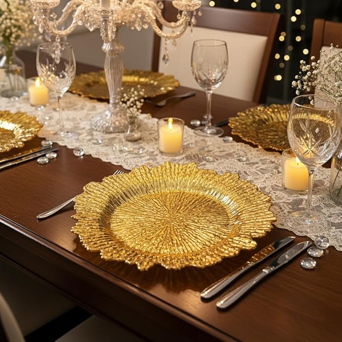 LOYALHEARTDY 24 Pack 13 Inch Gold Charger Plates, Plastic Reef Textured Rim Round Decorative Underplates for Wedding, Party, Dinner Table