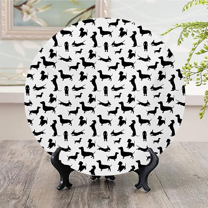 Ceramic Display Plate, Dog Lover Ceramic Hanging Decorative Plate, Monochrome Dachshunds in Numerous Stances Active Life, 7 Inch, Living Room Kitchen Decoration Household, Black White