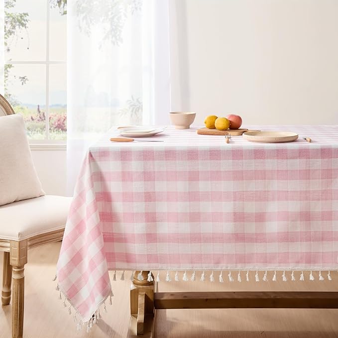 Softalker Valentines Pink Gingham Tablecloth Rectangle, Outdoor Linen Cotton Checkered Table Cloth with Tassel, Heavy Duty Wrinkle Free Plaid Table Cover for Easter Dining Spring Party - 55 x 84 Inch