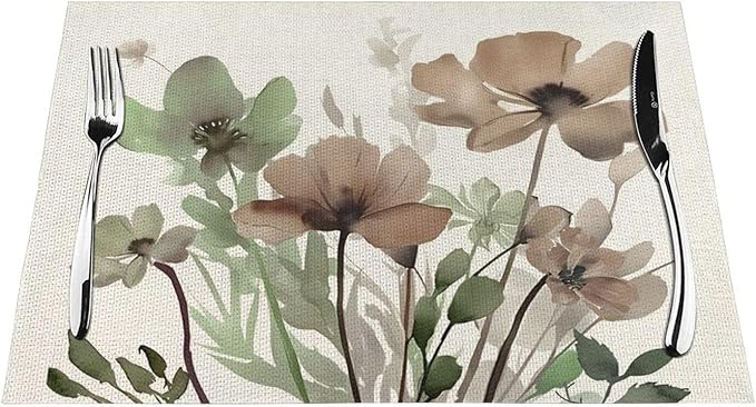 Spring Floral Placemats 12x18 Inches Set of 4,Watercolor Brown Green Flower Decorative Rectangle Summer Decor Floral Decoration Table Mats for Party, Home Kitchen,Dining Table Decoration